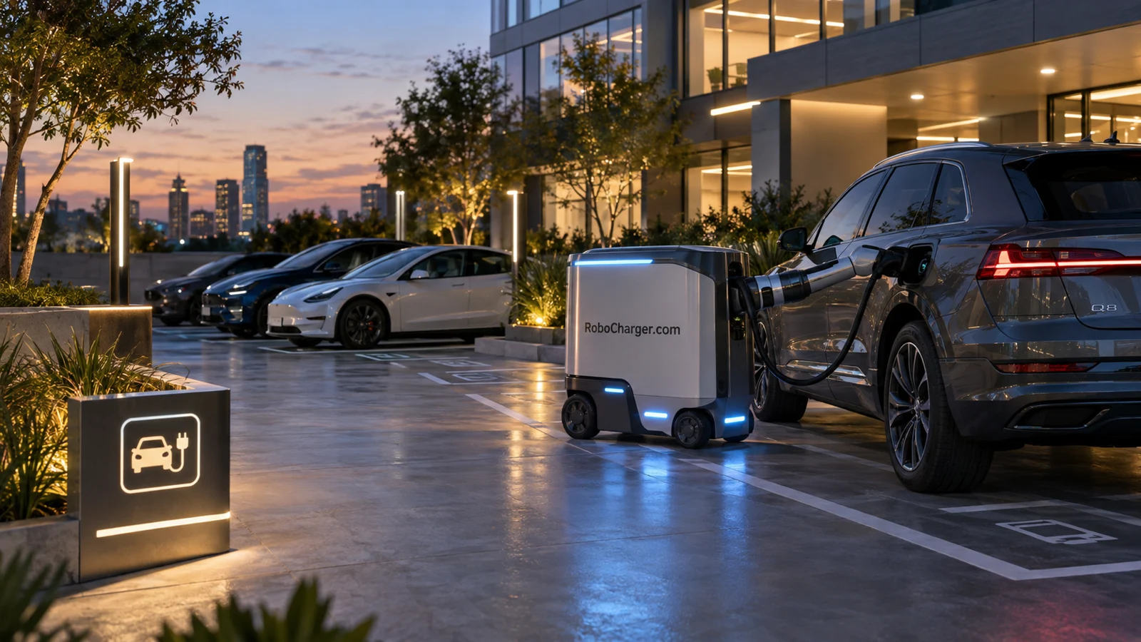 Industrial robot fleet beside dedicated charging docks