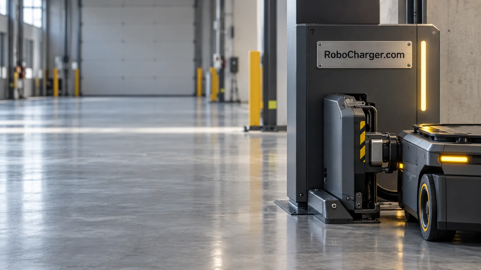 Robotic charging arm and graphite dock with RoboCharger.com branding
