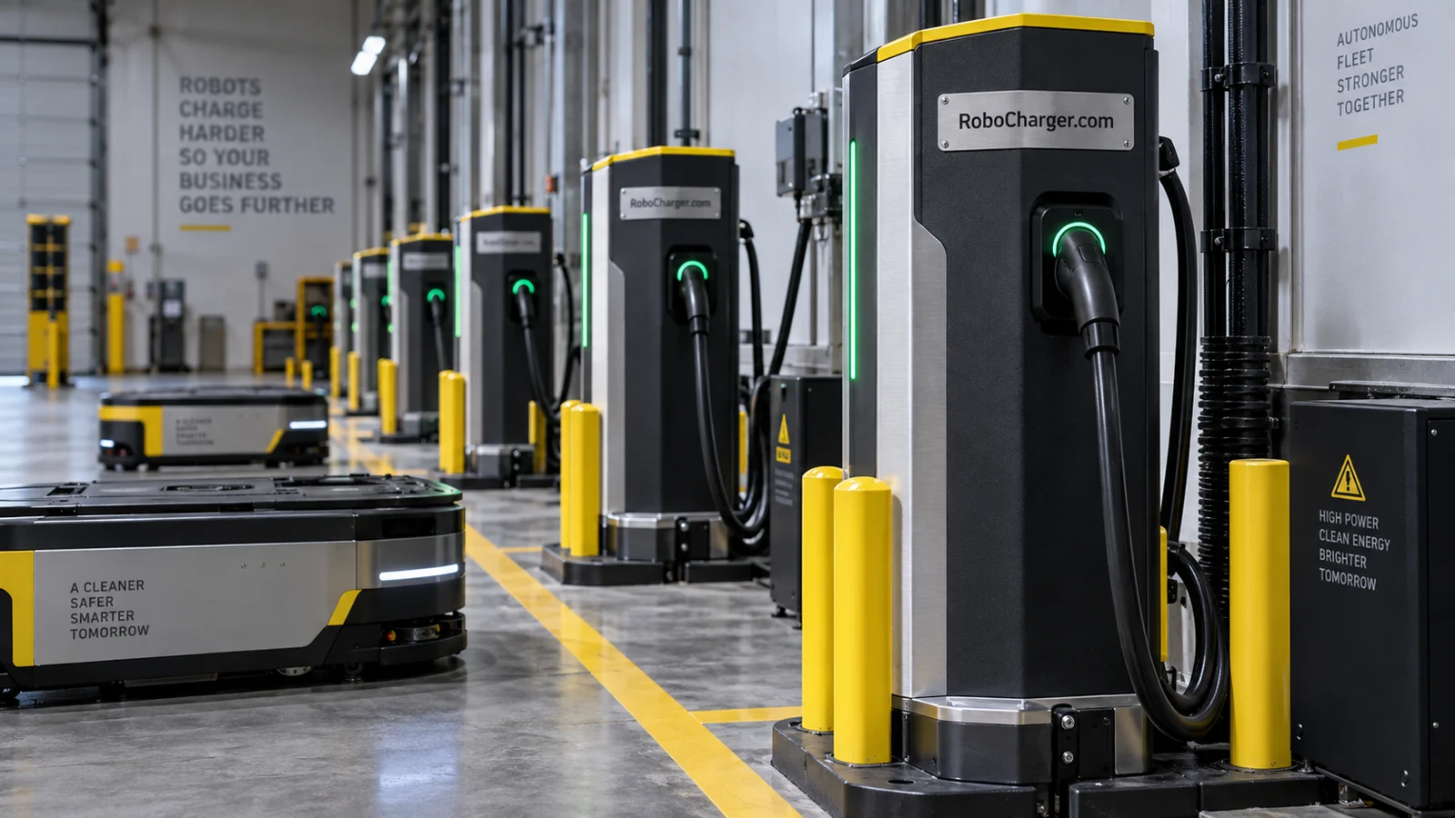 Industrial charging bays serving a fleet of mobile robots